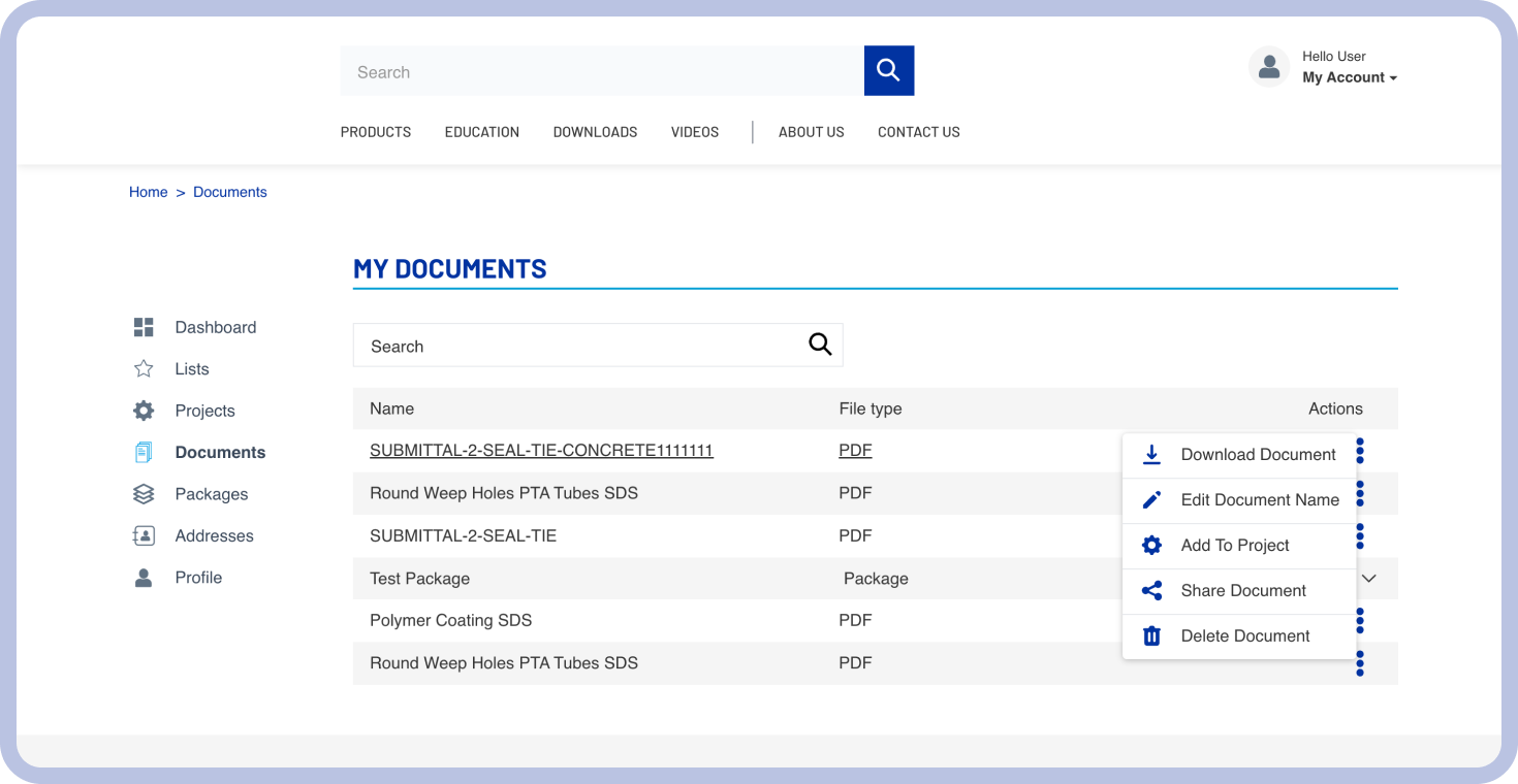 B2B Client Portal Solution: Submittal Package Documents List